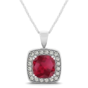 Ruby and Diamond Halo Cushion Pendant Necklace 14k White Gold 1.93ct - All