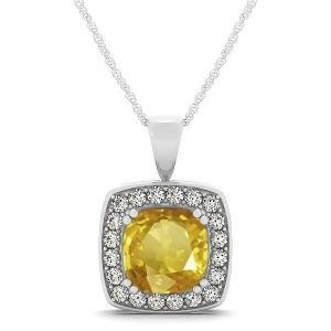 Yellow Sapphire and Diamond Halo Cushion Pendant Necklace 14k White Gold 1.93ct - All