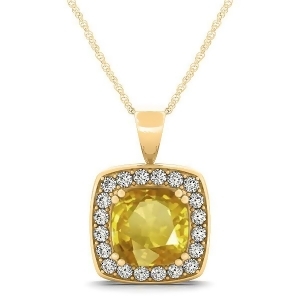 Yellow Sapphire and Diamond Halo Cushion Pendant Necklace 14k Yellow Gold 1.93ct - All