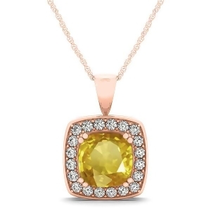 Yellow Sapphire and Diamond Halo Cushion Pendant Necklace 14k Rose Gold 1.93ct - All