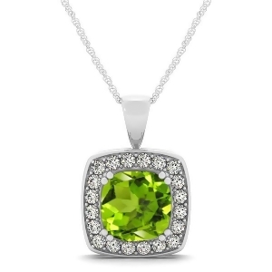 Peridot and Diamond Halo Cushion Pendant Necklace 14k White Gold 1.65ct - All