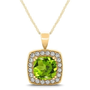 Peridot and Diamond Halo Cushion Pendant Necklace 14k Yellow Gold 1.65ct - All