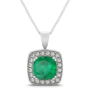 Emerald and Diamond Halo Cushion Pendant Necklace 14k White Gold 1.60ct - All