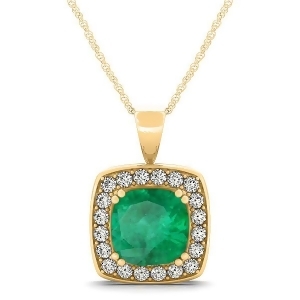 Emerald and Diamond Halo Cushion Pendant Necklace 14k Yellow Gold 1.60ct - All