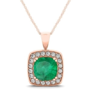 Emerald and Diamond Halo Cushion Pendant Necklace 14k Rose Gold 1.60ct - All