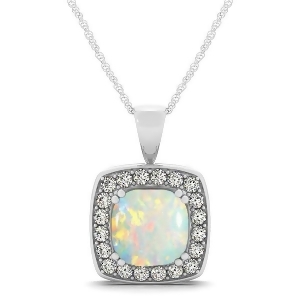 Opal and Diamond Halo Cushion Pendant Necklace 14k White Gold 1.54ct - All