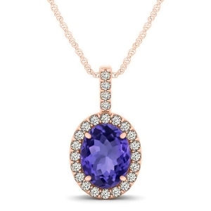 Tanzanite and Diamond Halo Oval Pendant Necklace 14k Rose Gold 1.06ct - All