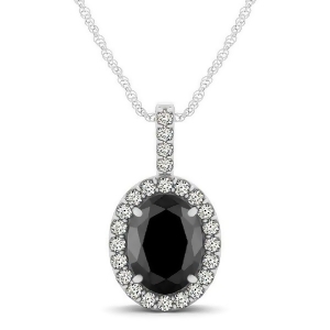 Black Diamond and Diamond Halo Oval Pendant Necklace 14k White Gold 0.93ct - All