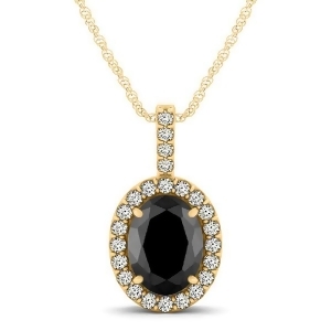 Black Diamond and Diamond Halo Oval Pendant Necklace 14k Yellow Gold 0.93ct - All