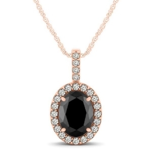 Black Diamond and Diamond Halo Oval Pendant Necklace 14k Rose Gold 0.93ct - All