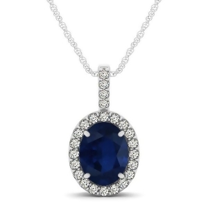 Blue Sapphire and Diamond Halo Oval Pendant Necklace 14k White Gold 1.17ct - All