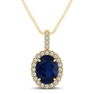 Blue Sapphire and Diamond Halo Oval Pendant Necklace 14k Yellow Gold 1.17ct - All