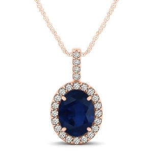 Blue Sapphire and Diamond Halo Oval Pendant Necklace 14k Rose Gold 1.17ct - All