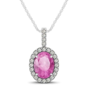Pink Sapphire and Diamond Halo Oval Pendant Necklace 14k White Gold 1.17ct - All