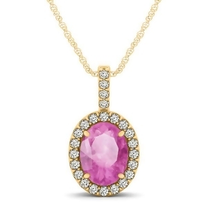 Pink Sapphire and Diamond Halo Oval Pendant Necklace 14k Yellow Gold 1.17ct - All