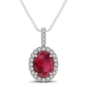 Ruby and Diamond Halo Oval Pendant Necklace 14k White Gold 1.23ct - All