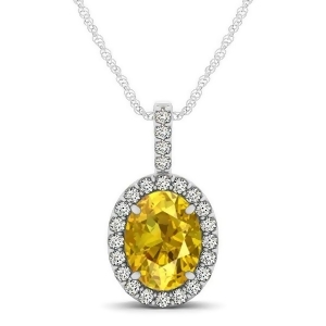 Yellow Sapphire and Diamond Halo Oval Pendant Necklace 14k White Gold 1.17ct - All