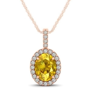 Yellow Sapphire and Diamond Halo Oval Pendant Necklace 14k Rose Gold 1.17ct - All