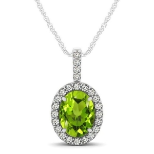 Peridot and Diamond Halo Oval Pendant Necklace 14k White Gold 1.12ct - All