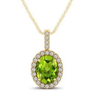 Peridot and Diamond Halo Oval Pendant Necklace 14k Yellow Gold 1.12ct - All
