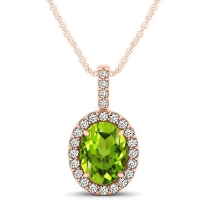 Peridot and Diamond Halo Oval Pendant Necklace 14k Rose Gold 1.12ct - All