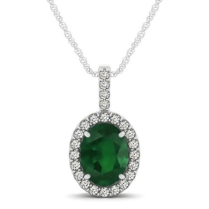 Emerald and Diamond Halo Oval Pendant Necklace 14k White Gold 1.02ct - All