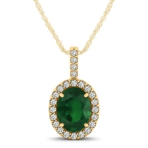 Emerald and Diamond Halo Oval Pendant Necklace 14k Yellow Gold 1.02ct - All