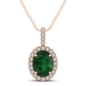 Emerald and Diamond Halo Oval Pendant Necklace 14k Rose Gold 1.02ct - All