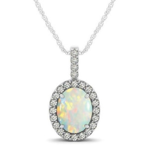 Opal and Diamond Halo Oval Pendant Necklace 14k White Gold 0.64ct - All