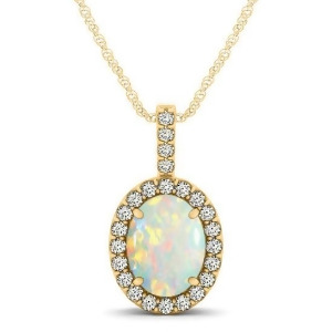 Opal and Diamond Halo Oval Pendant Necklace 14k Yellow Gold 0.64ct - All
