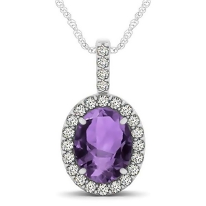 Amethyst and Diamond Halo Oval Pendant Necklace 14k White Gold 2.62ct - All