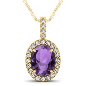 Amethyst and Diamond Halo Oval Pendant Necklace 14k Yellow Gold 2.62ct - All