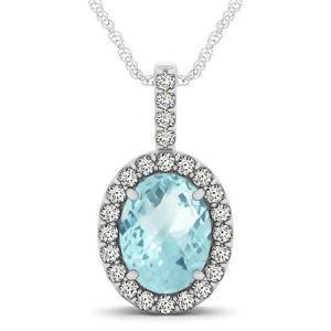 Aquamarine and Diamond Halo Oval Pendant Necklace 14k White Gold 2.47ct - All