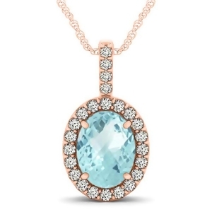 Aquamarine and Diamond Halo Oval Pendant Necklace 14k Rose Gold 2.47ct - All