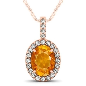 Citrine and Diamond Halo Oval Pendant Necklace 14k Rose Gold 2.62ct - All