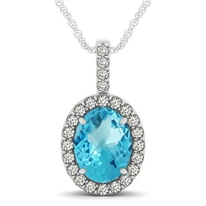 Blue Topaz and Diamond Halo Oval Pendant Necklace 14k White Gold 3.72ct - All