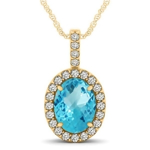 Blue Topaz and Diamond Halo Oval Pendant Necklace 14k Yellow Gold 3.72ct - All
