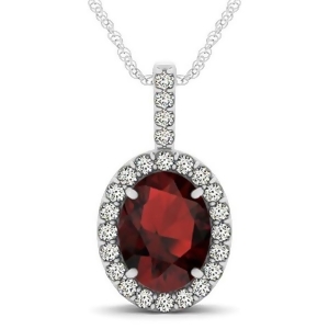 Garnet and Diamond Halo Oval Pendant Necklace 14k White Gold 3.02ct - All