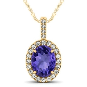 Tanzanite and Diamond Halo Oval Pendant Necklace 14k Yellow Gold 3.37ct - All