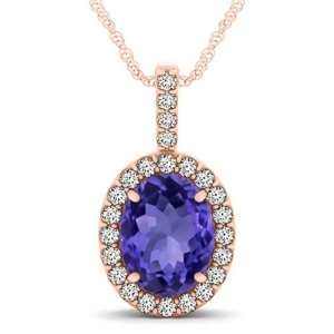 Tanzanite and Diamond Halo Oval Pendant Necklace 14k Rose Gold 3.37ct - All