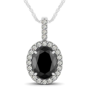 Black Diamond and Diamond Halo Oval Pendant Necklace 14k White Gold 2.76ct - All