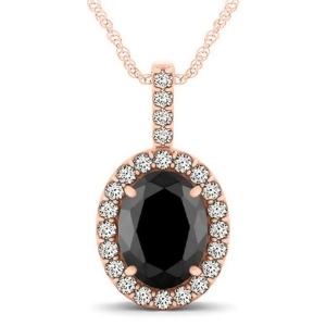 Black Diamond and Diamond Halo Oval Pendant Necklace 14k Rose Gold 2.76ct - All