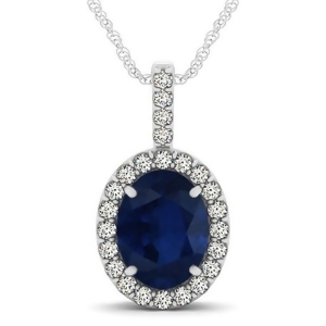 Blue Sapphire and Diamond Halo Oval Pendant Necklace 14k White Gold 3.37ct - All