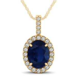 Blue Sapphire and Diamond Halo Oval Pendant Necklace 14k Yellow Gold 3.37ct - All