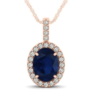 Blue Sapphire and Diamond Halo Oval Pendant Necklace 14k Rose Gold 3.37ct - All