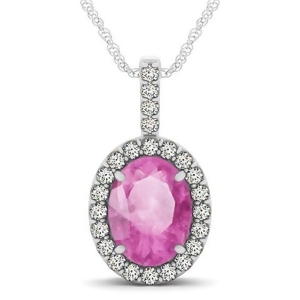 Pink Sapphire and Diamond Halo Oval Pendant Necklace 14k White Gold 3.37ct - All