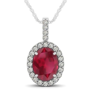 Ruby and Diamond Halo Oval Pendant Necklace 14k White Gold 3.37ct - All