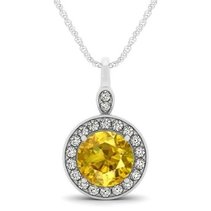 Round Yellow Sapphire and Diamond Halo Pendant Necklace 14k White Gold 2.30ct - All