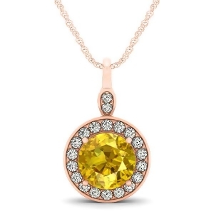 Round Yellow Sapphire and Diamond Halo Pendant Necklace 14k Rose Gold 2.30ct - All