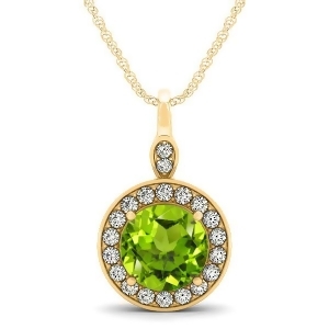 Round Peridot and Diamond Halo Pendant Necklace 14k Yellow Gold 1.85ct - All